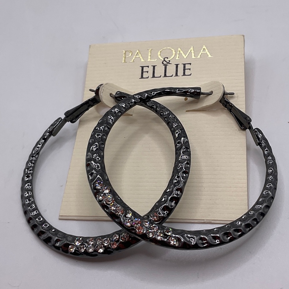 Black Hammered Hoop Earrings with Crystals